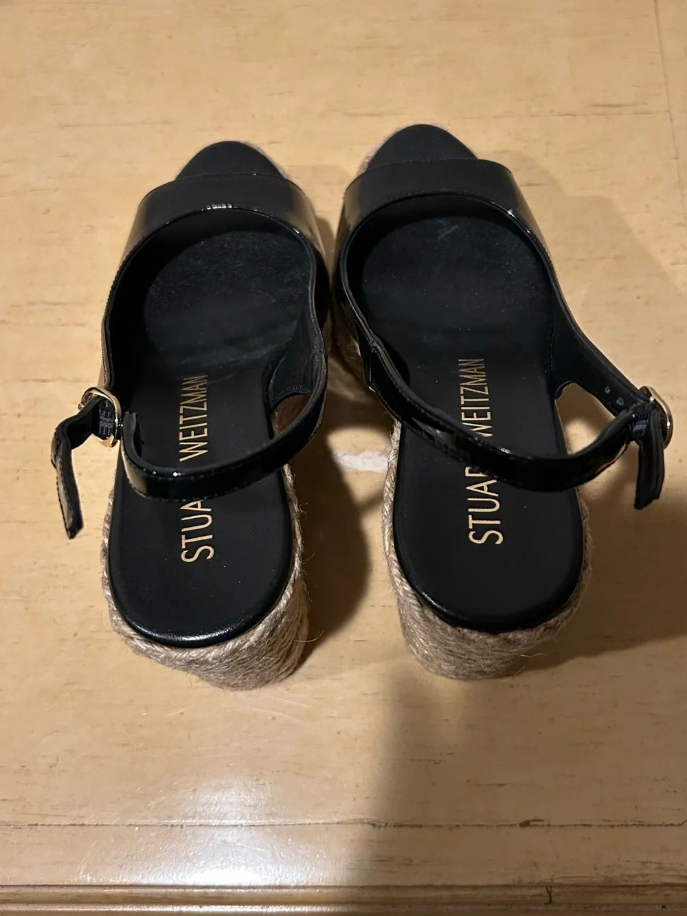 Stuart Weitzman black patent sling back espadrille wedge in size 6.5